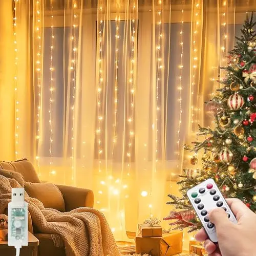 kolpop Lichtervorhang Innen 3x3m mit 300 LEDs und Fernbedienung – Wasserdicht für Zimmer, Party, Hochzeit & Weihnachten (Warmweiß)