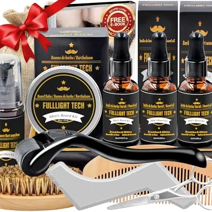 Bartpflege Set für Männer – Geschenk für Herren mit Bartroller, Shampoo, Öl, Balsam, Kamm, Bürste, Schere, Schablonen, Papa Geschenk