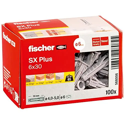 fischer Spreizdübel SX Plus 6x30, 100 Nylondübel für festen Halt in Beton, Ziegel und Porenbeton