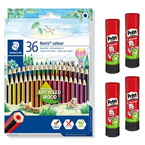STAEDTLER Noris colour Buntstifte Set mit 36 bruchfesten Buntstiften und 4 Pritt Klebestiften