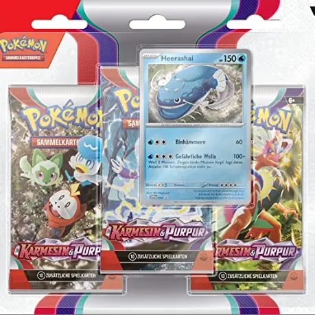 Pokémon-Sammelkartenspiel: 3er-Pack Karmesin & Purpur - Heerashai (3 Boosterpacks, 1 Promokarte)
