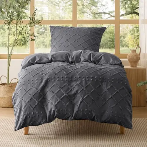 BEDSURE Boho Bettwäsche-Set 135x200 cm, 2-teilig, Anthrazit, mit Kissenbezug 80x80 cm, ÖKO-TEX, mit Reißverschluss