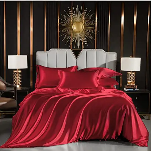 Luofanfei Rote Bettwäsche 155x220 cm Satin Glanz Rot Luxus Bettbezug Set mit Kissenbezügen 80x80 cm