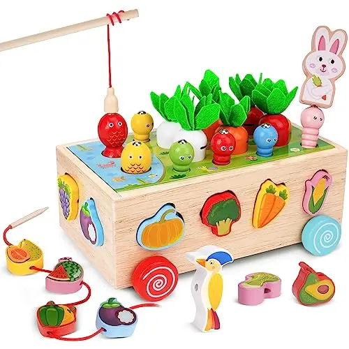 Goffii Montessori 8-in-1 Holzspielzeug für Kinder, Bauernhof Autos & Sortierspielzeug, Motorikspielzeug ab 3 Jahren