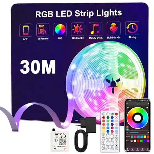 Anmossi 30m RGB LED Streifen mit Fernbedienung und APP-Steuerung für Farbwechsel und Musik-Synchronisation
