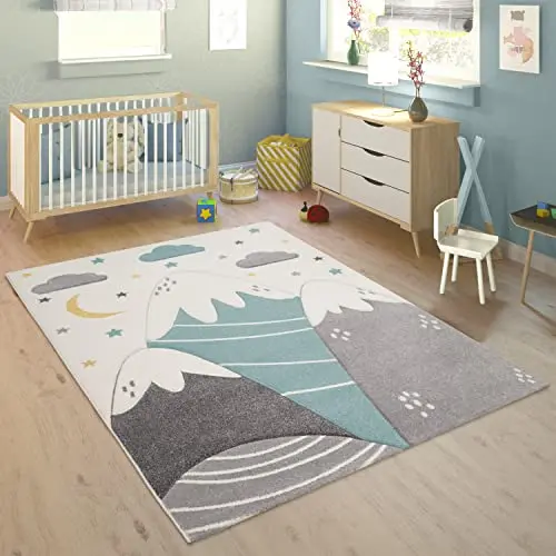 Paco Home Kinderzimmer-Teppich 120x170 cm mit 3D-Bergen, Wolken, Sternen in Pastell