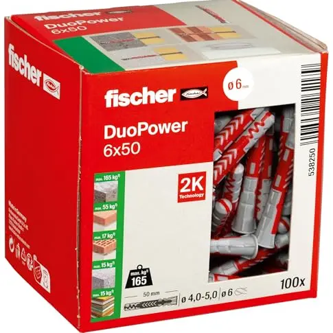 fischer DuoPower 6 x 50 Universaldübel, 100 Stück – Leistungsstarker Kunststoffdübel für Beton, Ziegel, Stein, Gipskarton uvm.