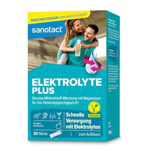 sanotact Elektrolyte Plus (20 Beutel) - Elektrolyt Pulver mit Orange Geschmack, Vegan, für Flüssigkeitshaushalt, Kalium & Magnesium