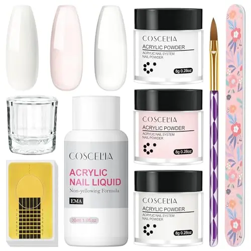 COSCELIA Acryl Nagelset Starterset, 3 Farben Acryl Pulver (Rosa, Klar, Weiß) mit Monomer Liquid, Professionelles Kit