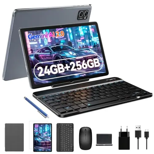 TABWEE Tablet mit Tastatur und Stift - 10 Zoll, 24 GB RAM, 256 GB Speicher, Android 15, Octa-Core, 5000 mAh, Face ID