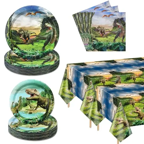 Dinosaurier Party Set für 40 Personen - 122 Teile mit Tellern, Servietten und Tischdecke für Kindergeburtstagsfeier