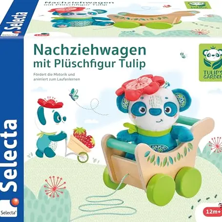 Selecta Tulips Garden Nachziehwagen mit Plüschfigur, Schiebe- und Nachziehspielzeug aus Holz