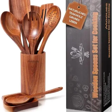 Mooues Kochlöffel-Set aus Teakholz mit Halter, 9-teilig