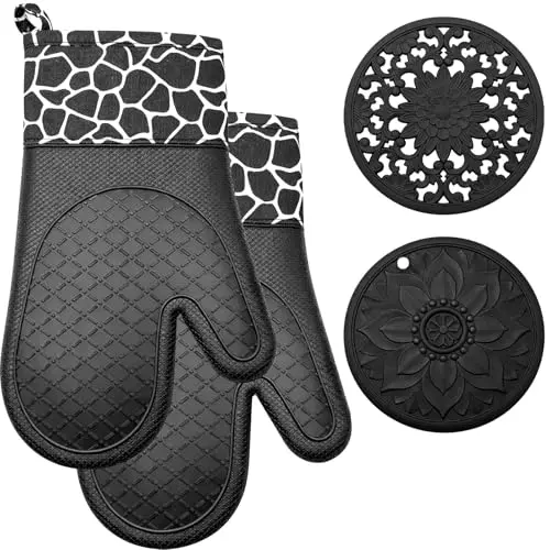 Ofenhandschuhe Silikon, 1 Paar Hitzebeständige Kochhandschuhe mit Baumwoll-Innenfutter, Anti-Rutsch bis 300°C