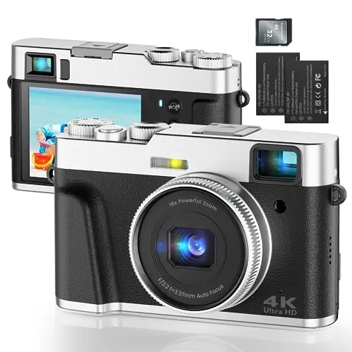 Digitalkamera 4K 48MP mit optischem Sucher, 16X Zoom, inkl. 32GB SD-Karte, 2 Akkus, für Anfänger und Erwachsene, schwarz