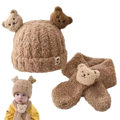 Baby Mütze Schal Set, Warme Wintermütze mit Bär für 0-24 Monate, Jungen und Mädchen