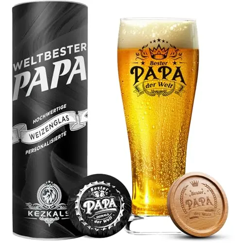 KEZKALS Papa Geschenk Weihnachten, Weizenbierglas 0,5 l mit Gravur