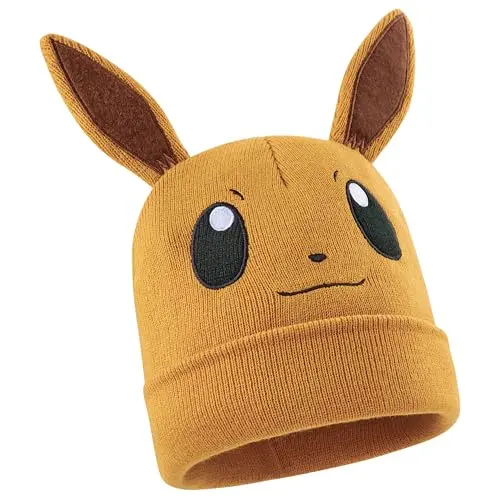 Pokemon Mütze für Jungen 5-12 Jahre, Warme Beanie mit Spruch, Geschenkidee (Senf Eevee)