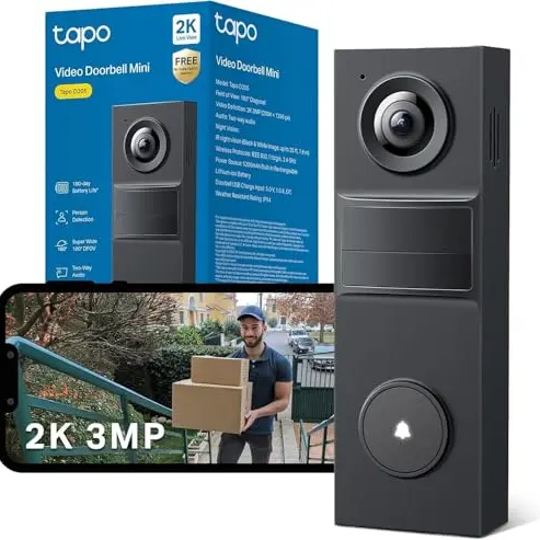 Tapo D205 Akku-Videotürklingel mit Kamera, 2K, Weitwinkel, Zwei-Wege-Audio, Akku, lokale Speicherung & kompatibel mit Solarpanel