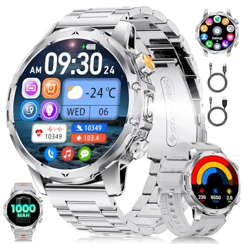 Smartwatch Herren mit 1,53" HD Touchscreen, IP68 wasserdicht, 24h Herzfrequenz, 110 Sportmodi, Taschenlampe, Silber