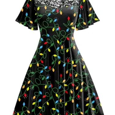 Damen Weihnachtskleid Vintage Glühbirne - Xmas Kleid für Festliche Anlässe