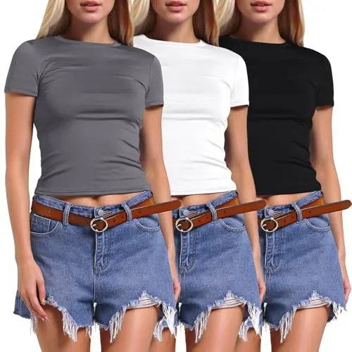 Damen Sommershirt 3er Set, Kurzarm, Lässig, Rundhalsausschnitt, Dunkelgrau, Größe S