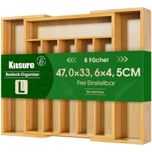 Kitsure Besteckkasten aus Bambus, 8 Fächer, Küchen Organizer, 33,6 x 4,5 x 29-47 cm