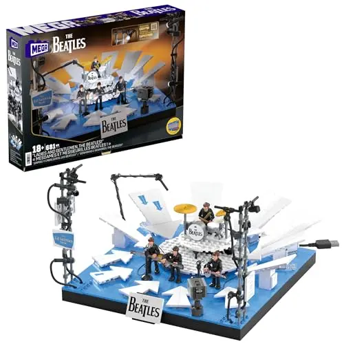 MEGA The Beatles Sammelset mit 671 Teilen und 4 Actionfiguren der Band, mit LED-Leuchten, zum Zusammenbauen und Präsentieren