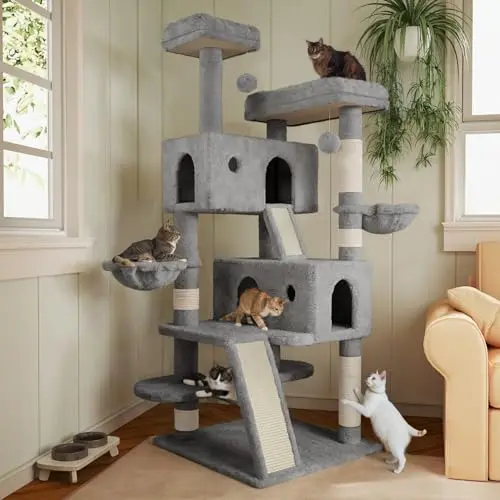 MUTICOR 168cm Großer Kratzbaum mit mehreren Ebenen für große Katzen, Hängematte, Spielhaus, Grau