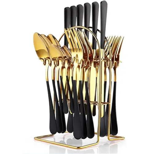 Maxspace 24-teiliges Besteckset für 6 Personen, Edelstahl mit Halter (Schwarzes Gold)