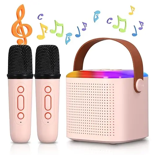 Bluetooth Karaoke Maschine mit 2 kabellosen Mikrofonen für Kinder und Erwachsene - Tragbares, wiederaufladbares Mikrofon mit Lautsprecher und LED-Licht