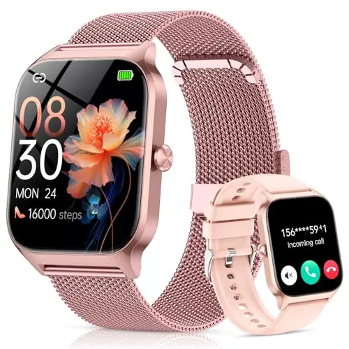 CASCHO Damen Smartwatch mit Telefonfunktion, 1.85'' Display, 120+ Sportmodi, Herzfrequenz, SpO2, Schrittzähler, Schlafmonitor, wasserdicht, für iOS & Android, Roségold
