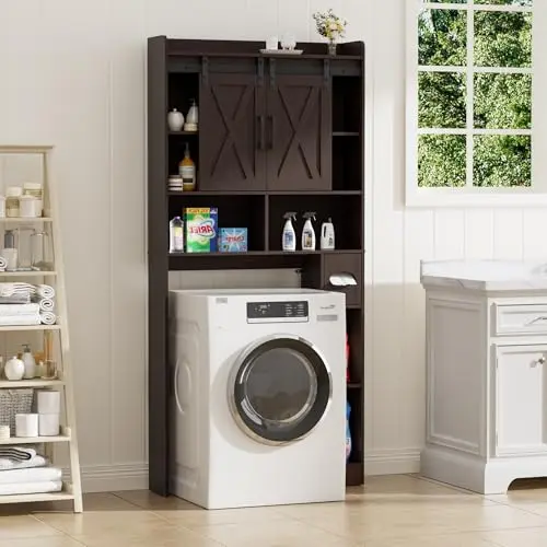 BonVache Waschmaschinenschrank mit 2 Türen, verstellbaren Ablagen, Seitenfach für Papierhandtücher, 4 offene Fächer, für Badezimmer und Waschküche, braun