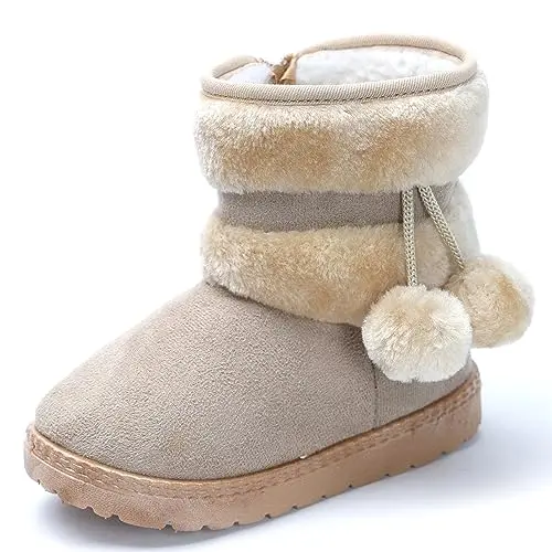 Yeeteepot Mädchen Warm Gefütterte Schneestiefel für Kleinkinder - Flache, rutschfeste Winterstiefel in Beige, Größe 19 EU