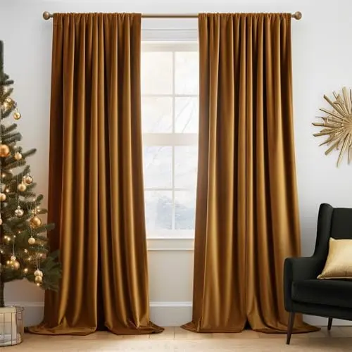 TOPICK Blickdichte Samtvorhänge für Weihnachten, 2 Stück, Gelbbraun, 130x175 cm
