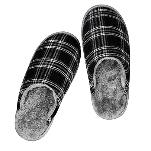 Riemot Herren Hausschuhe Warm Plüsch Pantoffeln Schwarz Weiß Kariert 44/45 EU