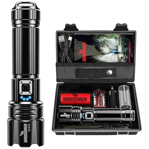 Shadowhawk LED Taschenlampe 500.000 Lumen, USB Wiederaufladbar, IP67 Wasserdicht, 5 Lichtmodi für Camping und Outdoor