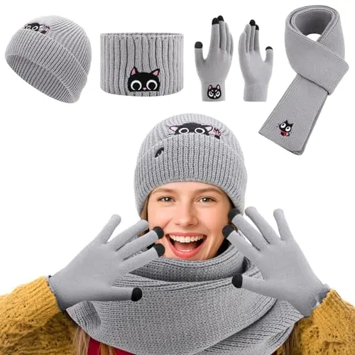 Halinuia 4-teiliges Set für Damen: Beanie, Schal & Touchscreen-Handschuhe für Katzenliebhaber