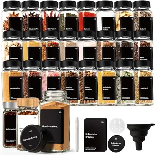 24er Set Gewürzgläser mit Deckel, 120ml, schwarz, inkl. Etiketten und Trichter – luftdichte Gewürzdosen für Organizer