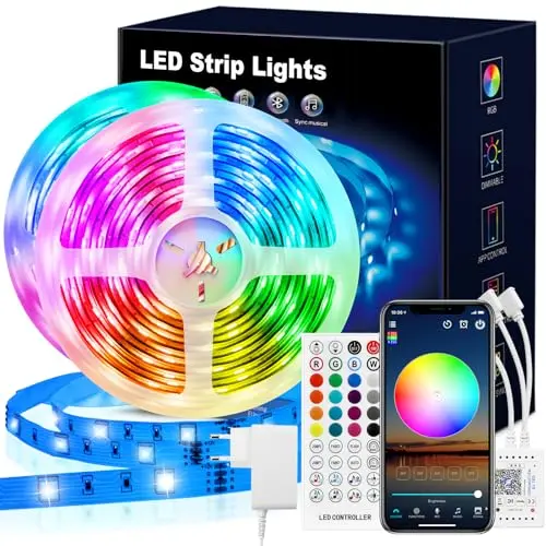 VKH 20m LED Strip, Bluetooth RGB LED Band mit Fernbedienung und APP - Selbstklebend für Zimmer und Partys