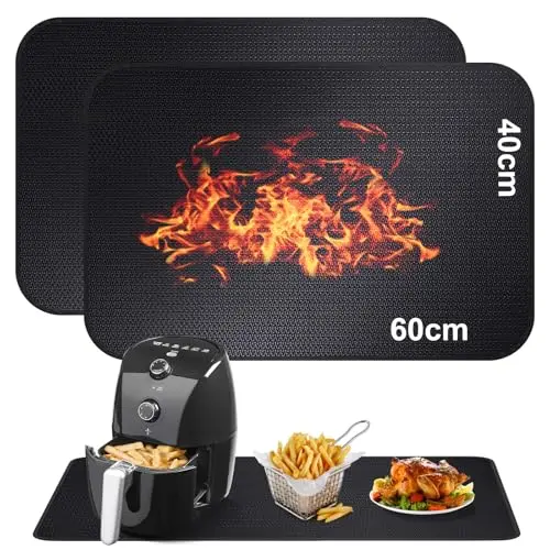 Feuerfeste Unterlage 2 Stück, Hitzebeständige Matte für Küche, Anti-Rutsch, Wasserdicht 40 x 60 cm, Schwarz