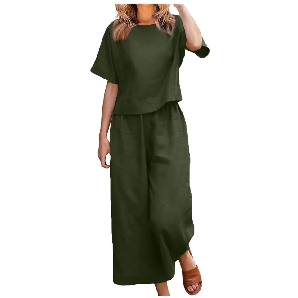 EMATOP Damen Leinen Outfits 2-teilig, Baumwolle, Freizeit- und Sportanzug, leicht, atmungsaktiv, casual, elegant