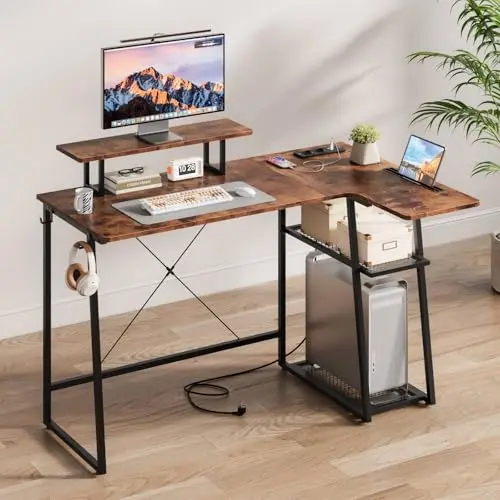 Dripex L-förmiger Schreibtisch mit Regal und USB, 120 cm, ideal für Home Office und Gaming, braun