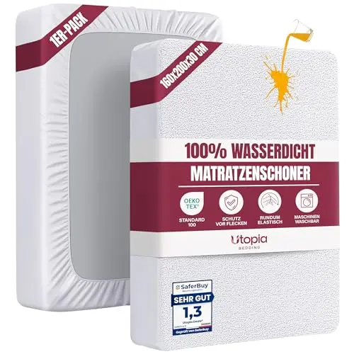 Utopia Bedding Wasserdichter Matratzenschoner 160x200cm, atmungsaktiv, elastisch, Oeko-TEX, weiß