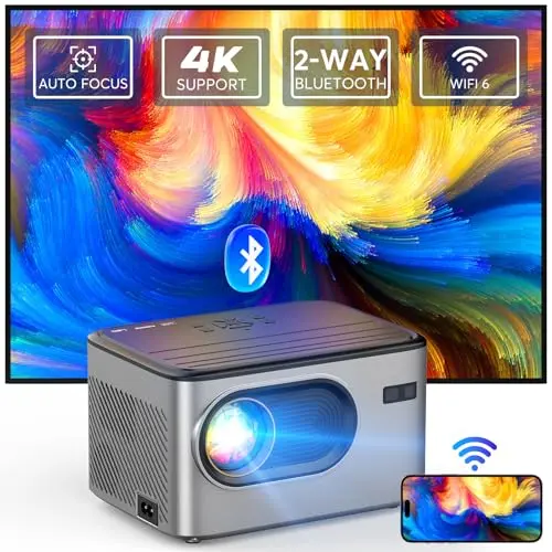 Puxinat Mini Beamer 1080P mit Autofokus und Trapezkorrektur, WiFi & Bluetooth, tragbar, kompatibel mit Smartphone und Laptop