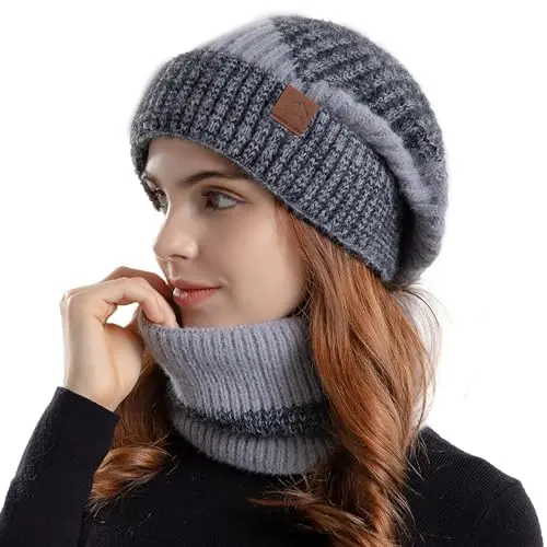 Warme Strickmütze und Loop Schal Set für Damen und Herren - Weiches Fleecefutter für Herbst und Winter