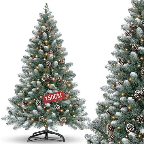Künstlicher Weihnachtsbaum mit Beleuchtung und Schnee-Effekt, 150cm, Naturgetreu, inklusive Metallständer