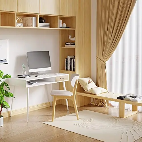 WOLTU Weißer Computertisch mit Schublade und Ablagefach – 110x50x75 cm, Holzplatte, Stahlgestell