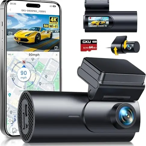 GKU 4K Dashcam für Auto, Front- und Rückkamera, WiFi, GPS, 64GB SD Karte, Parküberwachung, Nachtaufnahme, 170° Weitwinkel