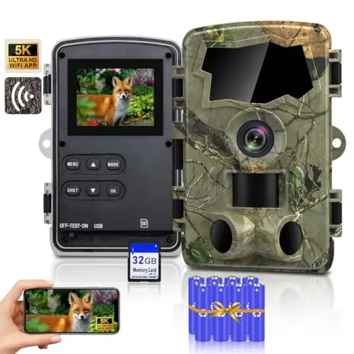 Lutranstra 5K Wildkamera WLAN, 64MP, Full HD, Nachtsicht, Bewegungssensor, App-Übertragung, inkl. 32GB SD-Karte & Batterien